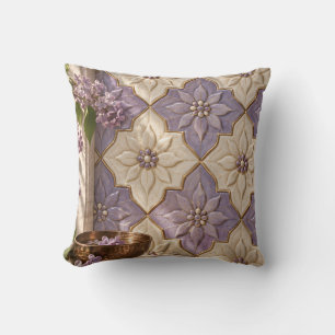 Persian Inspired Lilac Ivory Floral Tile Pattern Throw Pillow
