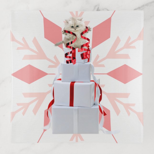 Persian Kitten with Red Ribbon with Snowflakes Trinket Tray (Front)