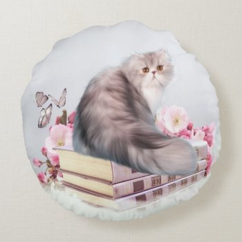 Persian Kitty Cat With Books Round Pillow by deemac2 at Zazzle
