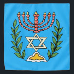 Persian Magen David Menorah Bandana<br><div class="desc">This image was adapted from an antique Persian Jewish tile and features a menorah with a Magen David (Star of David) framed by olive branches.  The imperfections of the original,  hand-painted image have been preserved.</div>