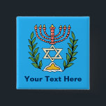 Persian Magen David Menorah Button<br><div class="desc">This image was adapted from an antique Persian Jewish tile and features a menorah with a Magen David (Star of David) framed by olive branches.  The imperfections of the original,  hand-painted image have been preserved.</div>