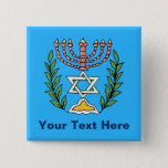 Persian Magen David Menorah Button<br><div class="desc">This image was adapted from an antique Persian Jewish tile and features a menorah with a Magen David (Star of David) framed by olive branches.  The imperfections of the original,  hand-painted image have been preserved.</div>