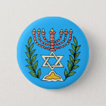 Persian Magen David Menorah Button<br><div class="desc">This image was adapted from an antique Persian Jewish tile and features a menorah with a Magen David (Star of David) framed by olive branches.  The imperfections of the original,  hand-painted image have been preserved.</div>