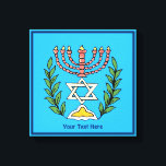 Persian Magen David Menorah Canvas Print<br><div class="desc">This image was adapted from an antique Persian Jewish tile and features a menorah with a Magen David (Star of David) framed by olive branches.  The imperfections of the original,  hand-painted image have been preserved. Add your own text.</div>