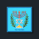 Persian Magen David Menorah Canvas Print<br><div class="desc">This image was adapted from an antique Persian Jewish tile and features a menorah with a Magen David (Star of David) framed by olive branches.  The imperfections of the original,  hand-painted image have been preserved. Add your own text.</div>