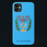 Persian Magen David Menorah iPhone 11 Case<br><div class="desc">This image was adapted from an antique Persian Jewish tile and features a menorah with a Magen David (Star of David) framed by olive branches.  The imperfections of the original,  hand-painted image have been preserved. Add your own text.</div>