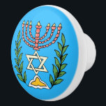 Persian Magen David Menorah Ceramic Knob<br><div class="desc">This image was adapted from an antique Persian Jewish tile and features a menorah with a Magen David (Star of David) framed by olive branches.  The imperfections of the original,  hand-painted image have been preserved.</div>
