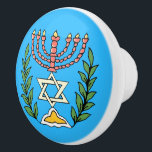 Persian Magen David Menorah Ceramic Knob<br><div class="desc">This image was adapted from an antique Persian Jewish tile and features a menorah with a Magen David (Star of David) framed by olive branches.  The imperfections of the original,  hand-painted image have been preserved.</div>