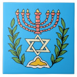 Persian Magen David Menorah Ceramic Tile<br><div class="desc">This image was adapted from an antique Persian Jewish tile and features a menorah with a Magen David (Star of David) framed by olive branches.  The imperfections of the original,  hand-painted image have been preserved.</div>