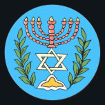 Persian Magen David Menorah Classic Round Sticker<br><div class="desc">This image was adapted from an antique Persian Jewish tile and features a menorah with a Magen David (Star of David) framed by olive branches.  The imperfections of the original,  hand-painted image have been preserved.</div>
