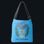 Persian Magen David Menorah Crossbody Bag<br><div class="desc">This image was adapted from an antique Persian Jewish tile and features a menorah with a Magen David (Star of David) framed by olive branches. The imperfections of the original, hand-painted image have been preserved. Add your own text. You may choose another background color; and it looks nice on just...</div>