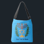 Persian Magen David Menorah Crossbody Bag<br><div class="desc">This image was adapted from an antique Persian Jewish tile and features a menorah with a Magen David (Star of David) framed by olive branches. The imperfections of the original, hand-painted image have been preserved. Add your own text. You may choose another background color; and it looks nice on just...</div>