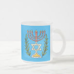 Persian Magen David Menorah Frosted Glass Coffee Mug<br><div class="desc">This image was adapted from an antique Persian Jewish tile and features a menorah with a Magen David (Star of David) framed by olive branches.  The imperfections of the original,  hand-painted image have been preserved.</div>