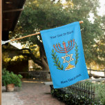 Persian Magen David Menorah House Flag<br><div class="desc">This image was adapted from an antique Persian Jewish tile and features a menorah with a Magen David (Star of David) framed by olive branches. The imperfections of the original, hand-painted image have been preserved. Customize by adding your own text in two places. You may change the font and text...</div>
