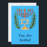 Persian Magen David Menorah Invitation<br><div class="desc">This image was adapted from an antique Persian Jewish tile and features a menorah with a  Magen David (Star of David) framed by olive branches.  The imperfections of the original,  hand-painted image have been preserved.</div>