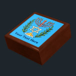 Persian Magen David Menorah Keepsake Box<br><div class="desc">This image was adapted from an antique Persian Jewish tile and features a menorah with a Magen David (Star of David) framed by olive branches.  The imperfections of the original,  hand-painted image have been preserved.</div>