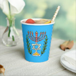 Persian Magen David Menorah Paper Cups<br><div class="desc">This image was adapted from an antique Persian Jewish tile and features a menorah with a Magen David (Star of David) framed by olive branches.  The imperfections of the original,  hand-painted image have been preserved. Add your own text on the reverse side.</div>