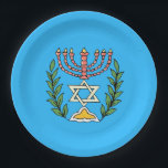 Persian Magen David Menorah Paper Plates<br><div class="desc">This image was adapted from an antique Persian Jewish tile and features a menorah with a Magen David (Star of David) framed by olive branches.  The imperfections of the original,  hand-painted image have been preserved.</div>