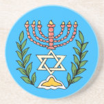 Persian Magen David Menorah Sandstone Coaster<br><div class="desc">This image was adapted from an antique Persian Jewish tile and features a menorah with a Magen David (Star of David) framed by olive branches.  The imperfections of the original,  hand-painted image have been preserved.</div>