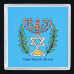 Persian Magen David Menorah Silver Finish Lapel Pin<br><div class="desc">This image was adapted from an antique Persian Jewish tile and features a menorah with a Magen David (Star of David) framed by olive branches.  The imperfections of the original,  hand-painted image have been preserved. Add your own text.</div>