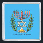 Persian Magen David Menorah Silver Finish Lapel Pin<br><div class="desc">This image was adapted from an antique Persian Jewish tile and features a menorah with a Magen David (Star of David) framed by olive branches.  The imperfections of the original,  hand-painted image have been preserved. Add your own text.</div>
