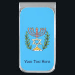 Persian Magen David Menorah Silver Finish Money Clip<br><div class="desc">This image was adapted from an antique Persian Jewish tile and features a menorah with a Magen David (Star of David) framed by olive branches.  The imperfections of the original,  hand-painted image have been preserved. Add your own text.</div>