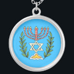 Persian Magen David Menorah Silver Plated Necklace<br><div class="desc">This image was adapted from an antique Persian Jewish tile and features a menorah with a Magen David (Star of David) framed by olive branches.  The imperfections of the original,  hand-painted image have been preserved.</div>