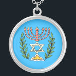 Persian Magen David Menorah Silver Plated Necklace<br><div class="desc">This image was adapted from an antique Persian Jewish tile and features a menorah with a Magen David (Star of David) framed by olive branches.  The imperfections of the original,  hand-painted image have been preserved.</div>
