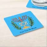 Persian Magen David Menorah Square Paper Coaster<br><div class="desc">This image was adapted from an antique Persian Jewish tile and features a menorah with a Magen David (Star of David) framed by olive branches.  The imperfections of the original,  hand-painted image have been preserved. Add your own text.</div>