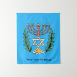 Persian Magen David Menorah Tapestry<br><div class="desc">This image was adapted from an antique Persian Jewish tile and features a menorah with a Magen David (Star of David) framed by olive branches.  The imperfections of the original,  hand-painted image have been preserved. Add your own text to customize.</div>