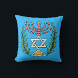 Persian Magen David Menorah Throw Pillow<br><div class="desc">This image was adapted from an antique Persian Jewish tile and features a menorah with a Magen David (Star of David) framed by olive branches.  The imperfections of the original,  hand-painted image have been preserved.</div>