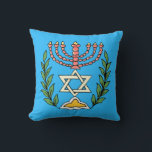 Persian Magen David Menorah Throw Pillow<br><div class="desc">This image was adapted from an antique Persian Jewish tile and features a menorah with a Magen David (Star of David) framed by olive branches.  The imperfections of the original,  hand-painted image have been preserved. Add your own text on the reverse side.</div>