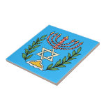 Persian Magen David Menorah Tile<br><div class="desc">This image was adapted from an antique Persian Jewish tile and features a menorah with a Magen David (Star of David) framed by olive branches.  The imperfections of the original,  hand-painted image have been preserved.</div>