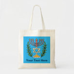 Persian Magen David Menorah Tote Bag<br><div class="desc">This image was adapted from an antique Persian Jewish tile and features a menorah with a Magen David (Star of David) framed by olive branches.  The imperfections of the original,  hand-painted image have been preserved. Add your own text.</div>