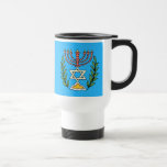 Persian Magen David Menorah Travel Mug<br><div class="desc">This image was adapted from an antique Persian Jewish tile and features a menorah with a Magen David (Star of David) framed by olive branches.  The imperfections of the original,  hand-painted image have been preserved.</div>