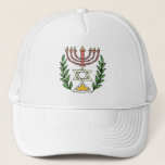 Persian Magen David Menorah Trucker Hat<br><div class="desc">This image was adapted from an antique Persian Jewish tile and features a menorah with a Magen David (Star of David) framed by olive branches.  The imperfections of the original,  hand-painted image have been preserved.</div>
