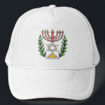 Persian Magen David Menorah Trucker Hat<br><div class="desc">This image was adapted from an antique Persian Jewish tile and features a menorah with a Magen David (Star of David) framed by olive branches.  The imperfections of the original,  hand-painted image have been preserved.</div>