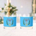 Persian Magen David Menorah Whiskey Glass<br><div class="desc">This image was adapted from an antique Persian Jewish tile and features a menorah with a Magen David (Star of David) framed by olive branches. The imperfections of the original, hand-painted image have been preserved. Customize by adding your own text on the reverse side.</div>