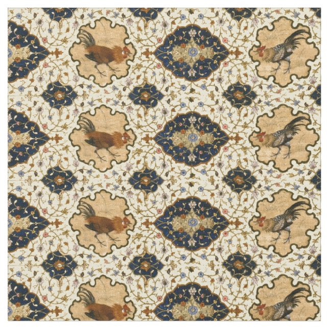 Persian Oriental Floral Rooster Pattern Fabric (Close Up)