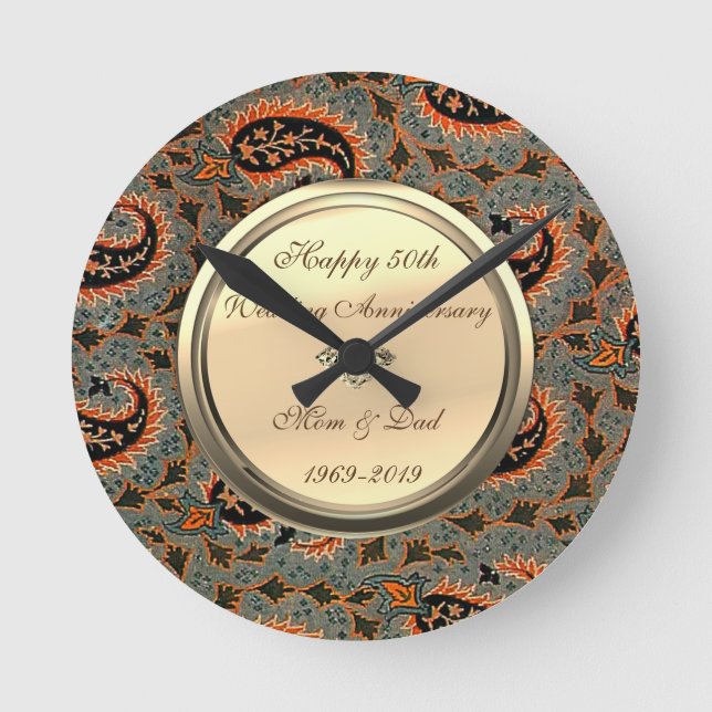 Persian Paisley Diamond 50th Wedding Anniversary Round Clock (Front)