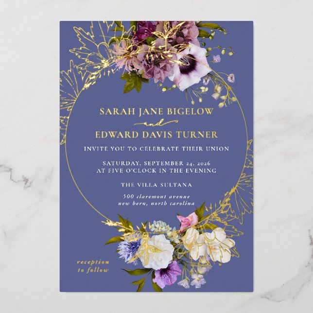 Persian Periwinkle Plum Floral Foil Invitation (Front)