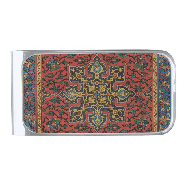 Persian Rug Carpet Red Blue Classic Silver Finish Money Clip (Front)