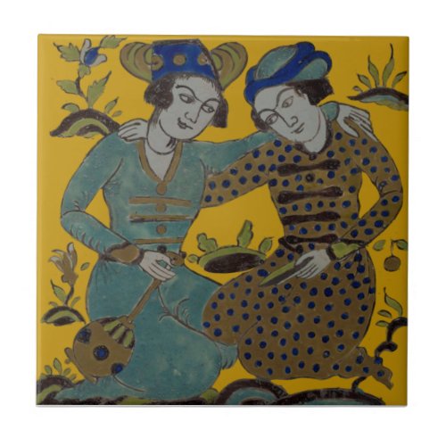 Persian Saffron Yellow Two Friends Antique Repro Ceramic Tile