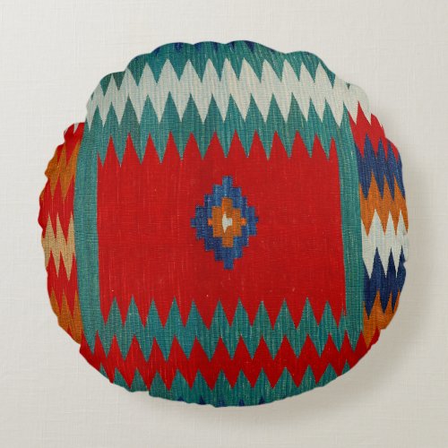 Persian Safreh I Chevron Teal Blue Desert  Round Pillow