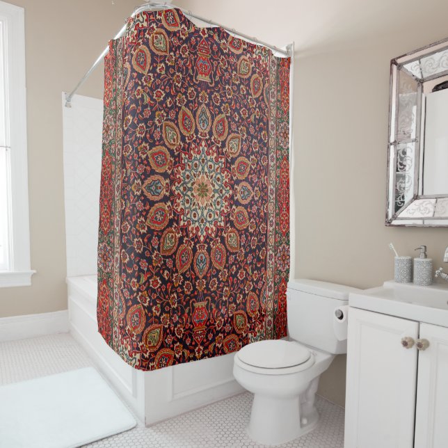 Persian Tabriz Black Radial Geometric  Shower Curtain (In Situ)