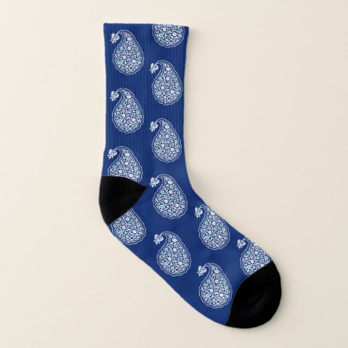 Persian tile paisley _ white on indigo blue socks