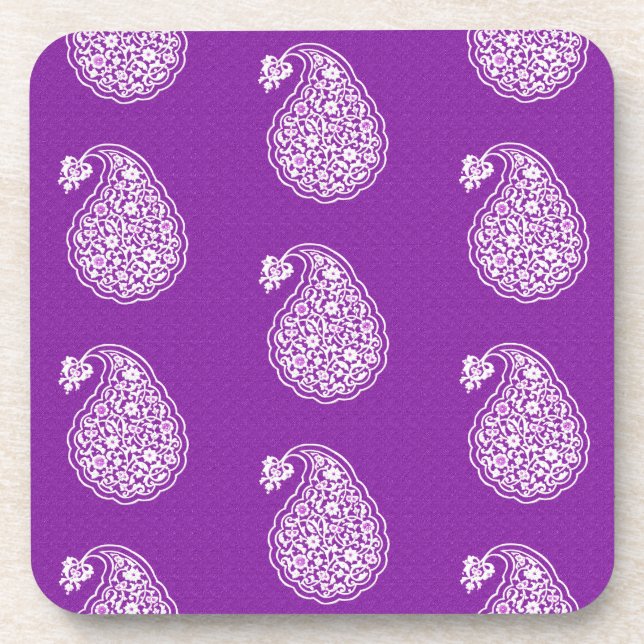 Persian tile paisley - white on purple beverage coaster (Front)