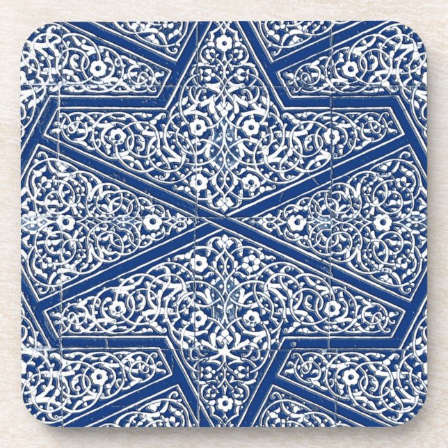 Persian tile pattern - cobalt blue and white beverage coaster (Front)