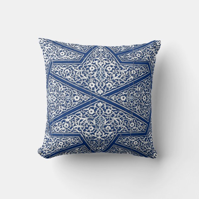 Persian tile pattern - cobalt blue and white throw pillow (Front)