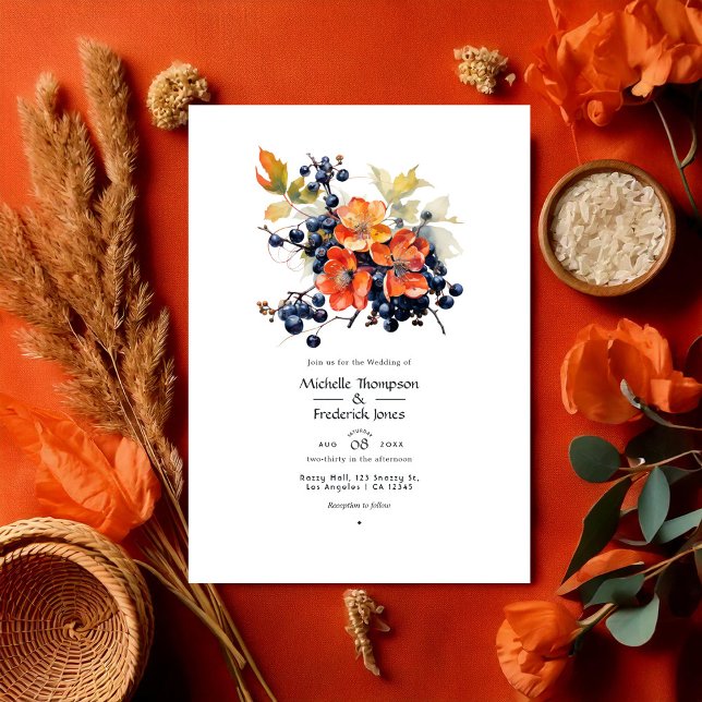 Persimmon and Navy Floral Wedding Invitation (Persimmon and Navy Floral Wedding Invitation)